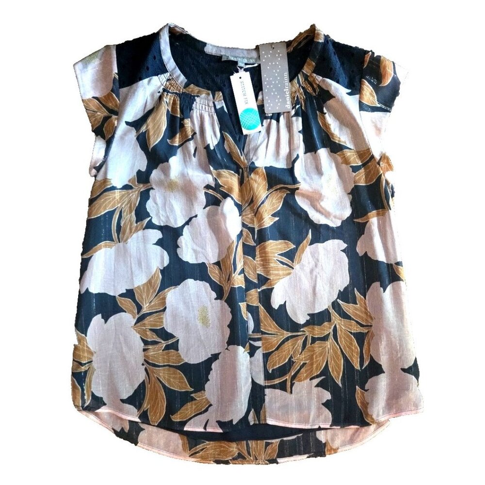 Large Danielrainn Blouse Top Navy Blue Floral Cap Sleeve V-Neck Lined Sparkly
